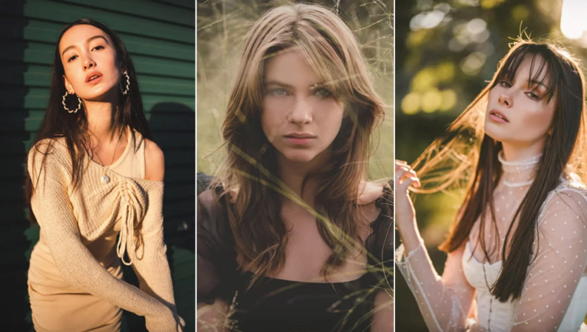 Three portrait photographs showing different women with long dark hair in natural and golden hour lighting.
