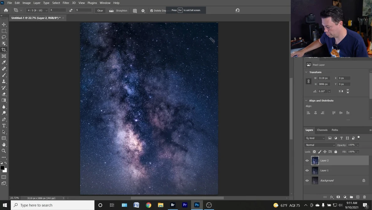 Screenshot of Photoshop with a Milky Way galaxy image open in the editor.