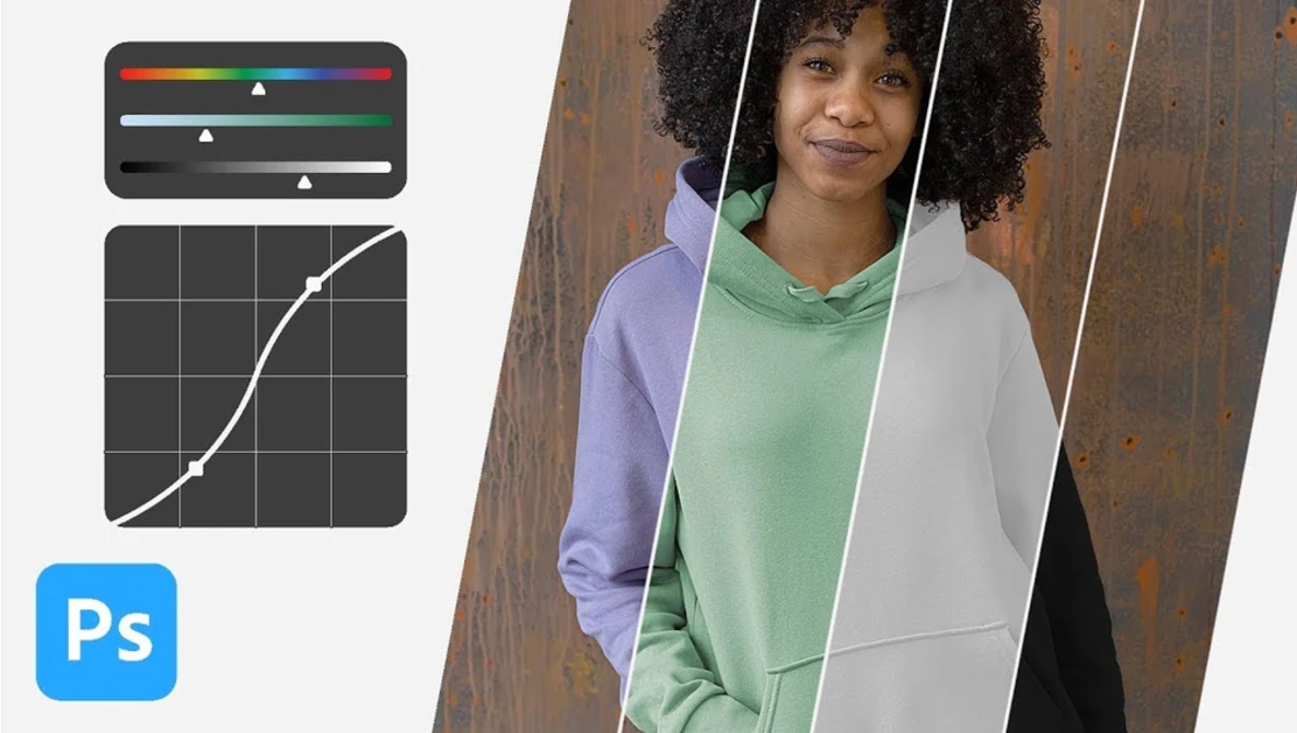 Screenshot of Photoshop curves adjustment panel with color sliders and graph overlay on portrait photo.