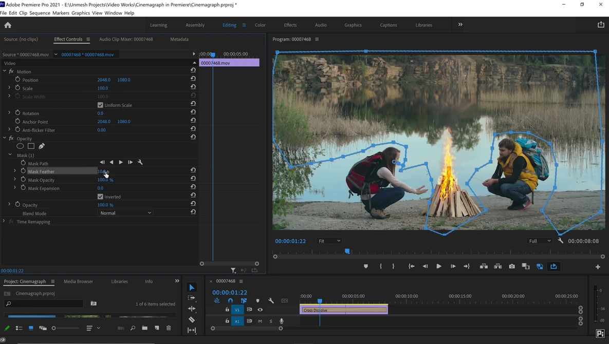 Screenshot of Adobe Premiere Pro editing interface with outdoor campfire video footage displayed in the timeline and preview monitor.