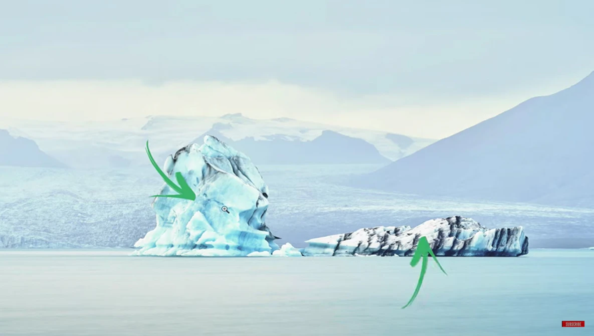 Illustration of a floating ice sculpture with green leaf elements above a turquoise glacial lake surrounded by snow-covered mountains.