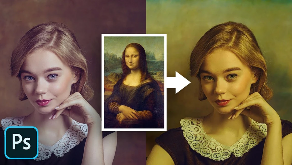Photoshop tutorial screenshot showing portrait retouching with Renaissance painting style reference.