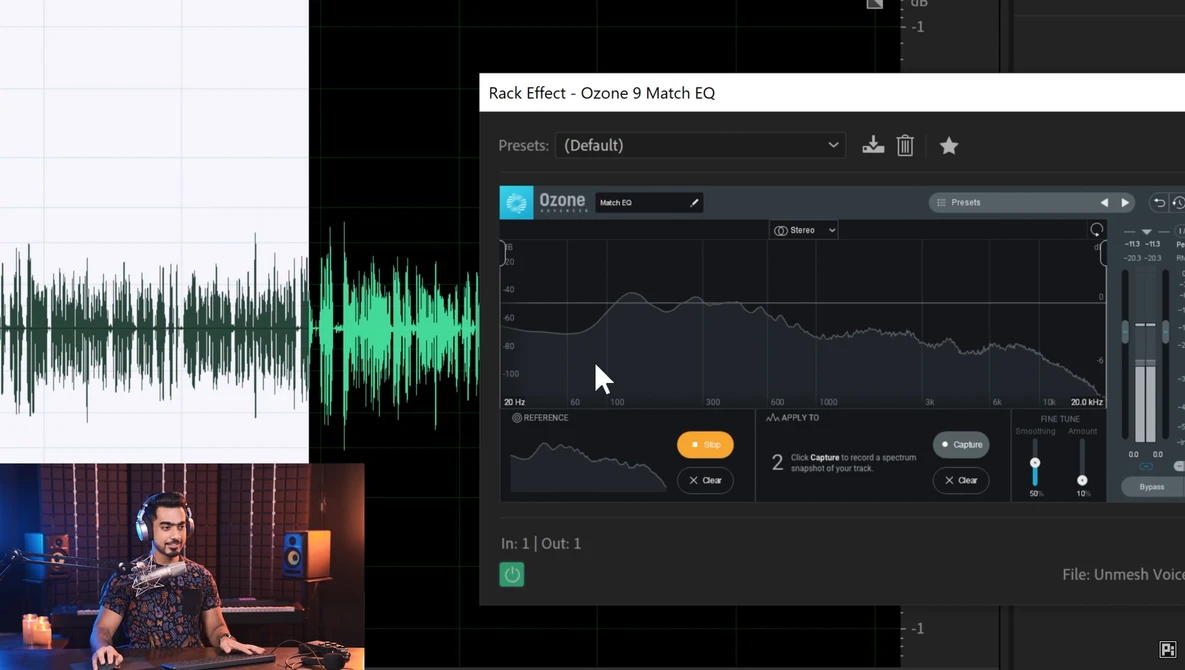 Screenshot of audio editing software showing waveform analysis and EQ interface with rack effect plugin.