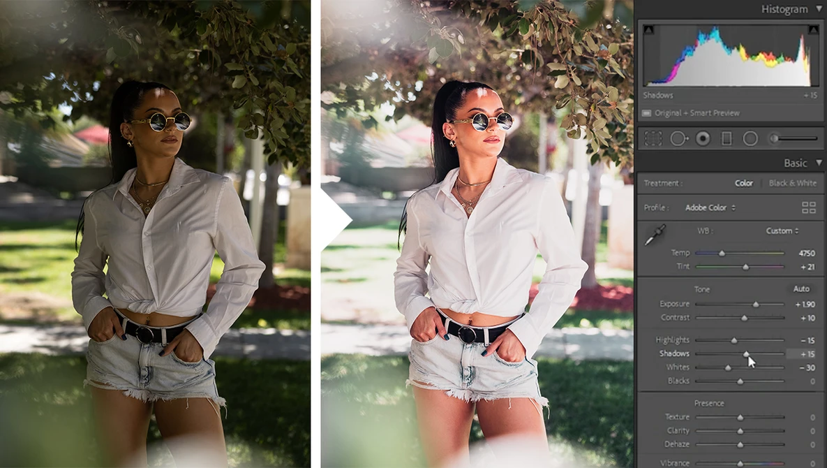 Before and after comparison of portrait editing showing increased contrast and brightness adjustments.