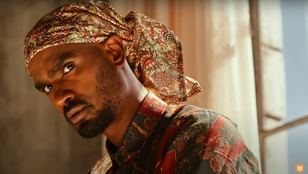 Man wearing patterned headwrap and red ornate shirt, photographed in warm indoor lighting.