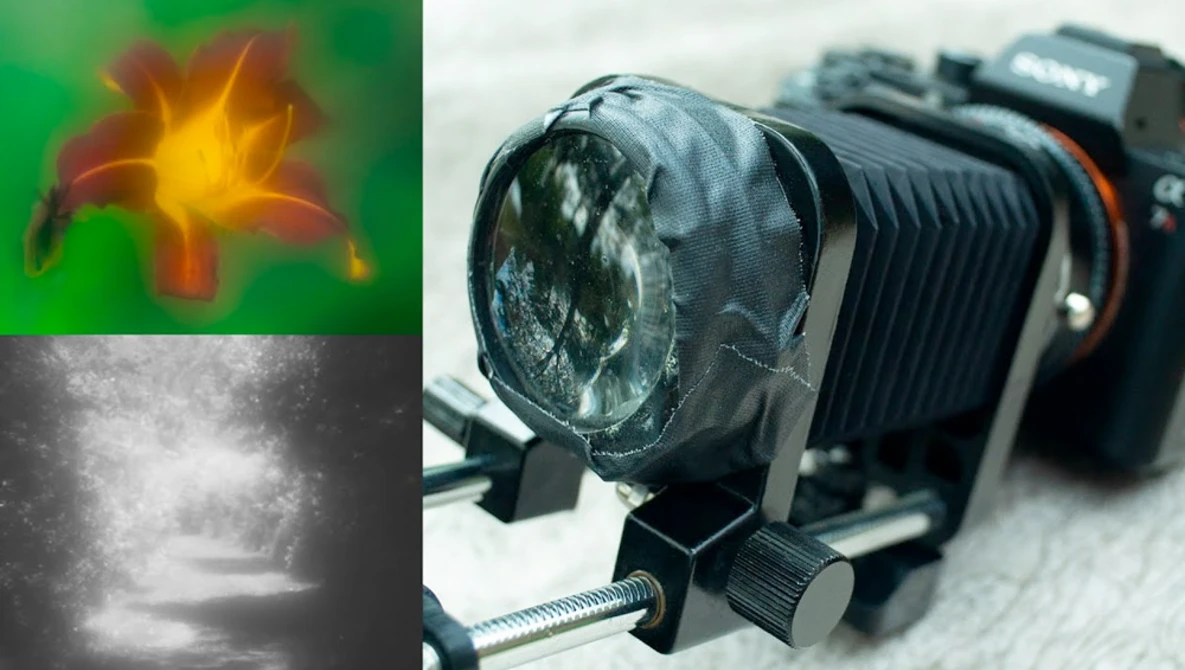 Macro lens attachment mounted on professional camera body with sample images showing close-up flower and water droplet photography.