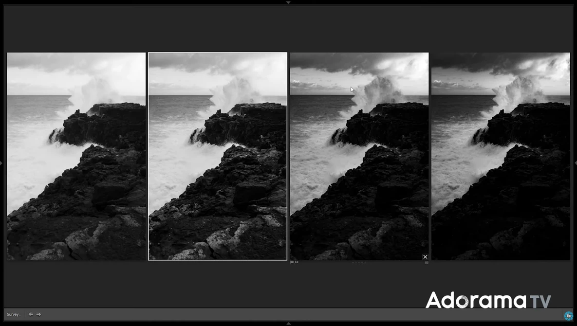 Contact sheet of four sequential black and white photographs showing waves crashing against dark rocky coastline.