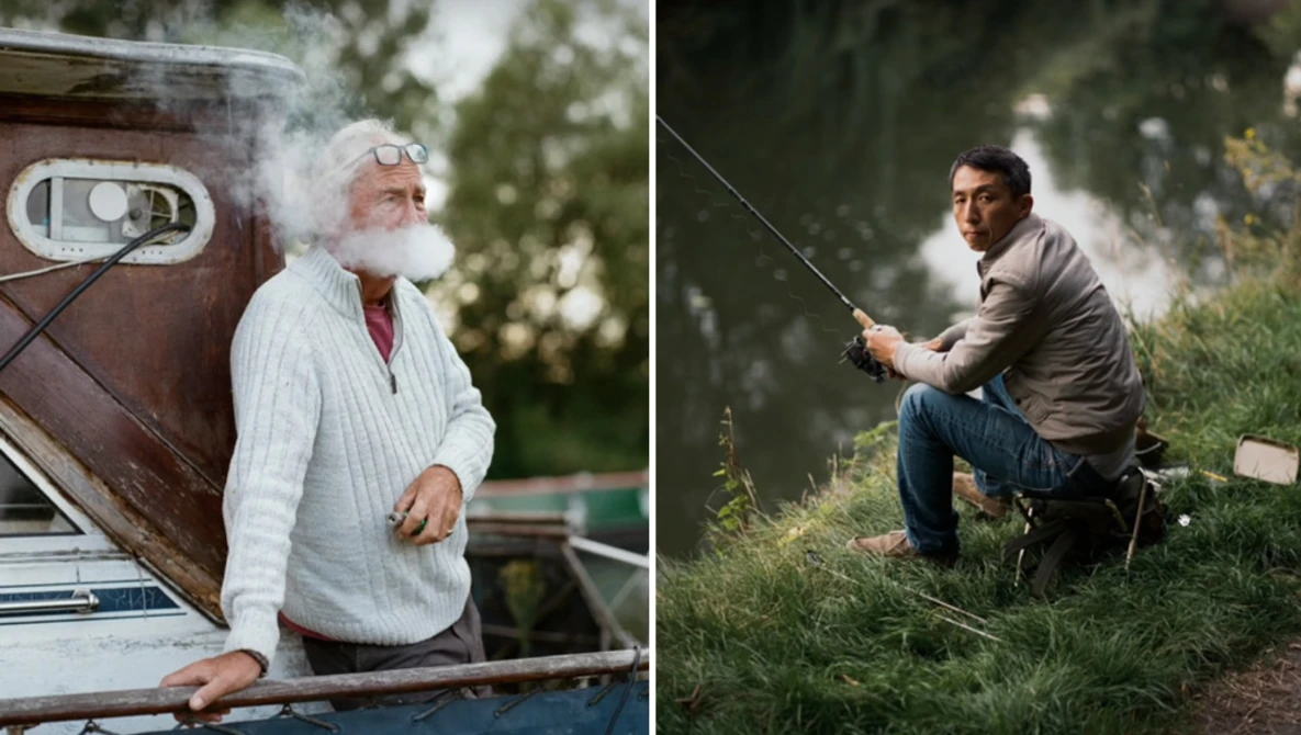 Split composition comparing a man smoking a pipe by a vintage vehicle with another man fishing by a riverbank.