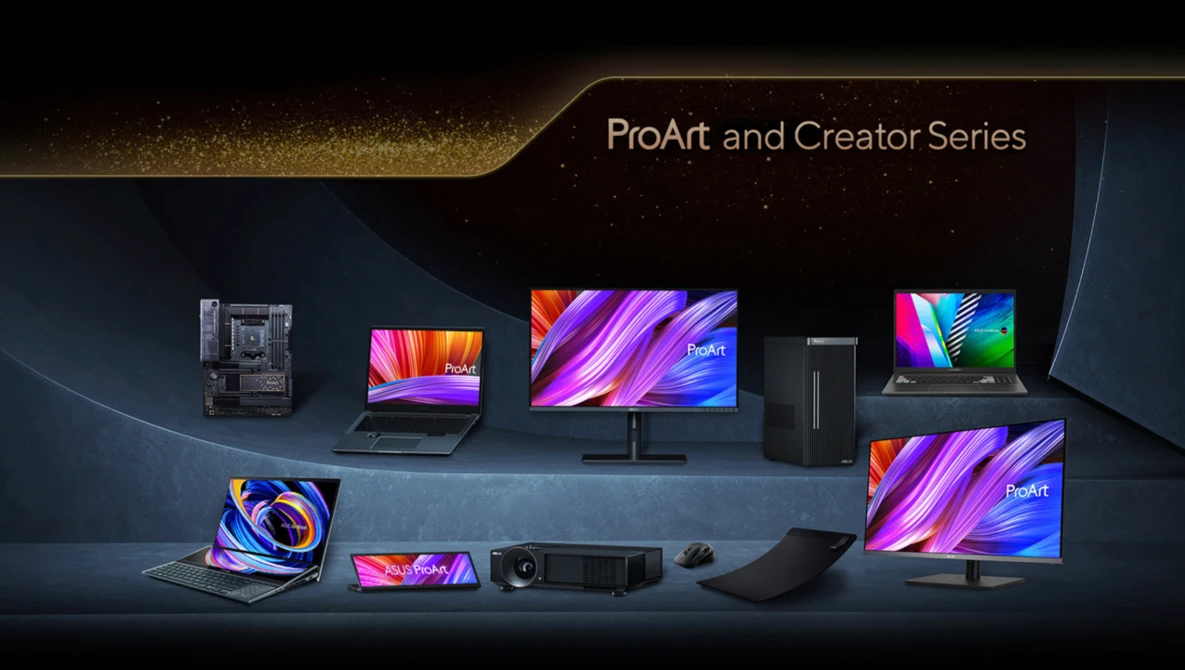 Product lineup display showing laptops, monitors, and computer components with colorful gradient screens.