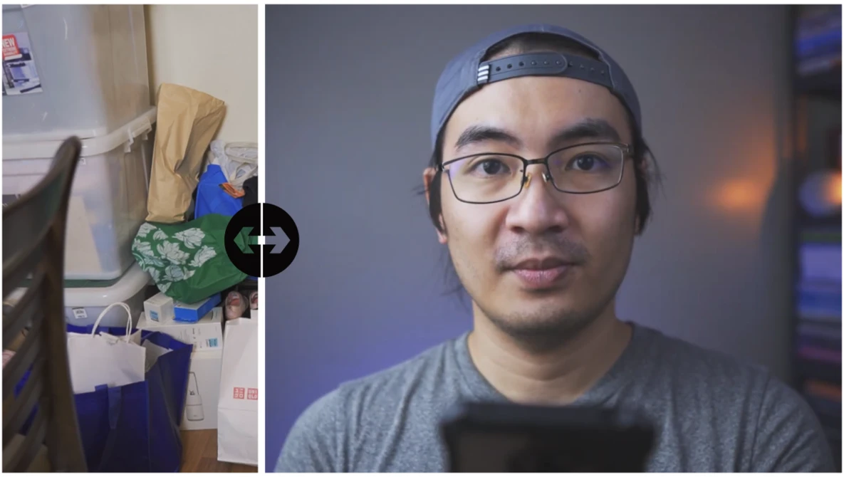 Split-screen comparison showing messy kitchen counter on left and portrait of person wearing glasses and cap on right.