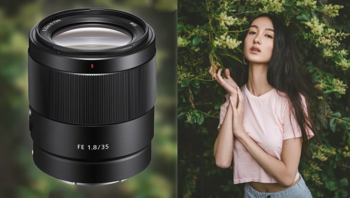 Sony FE 1.8/35mm lens next to portrait of woman against green foliage backdrop.