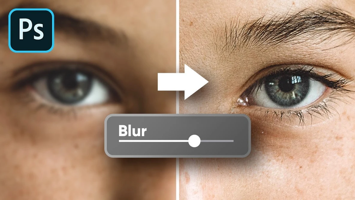 Screenshot of Photoshop blur adjustment comparing a blurred eye on the left with a sharp eye on the right.