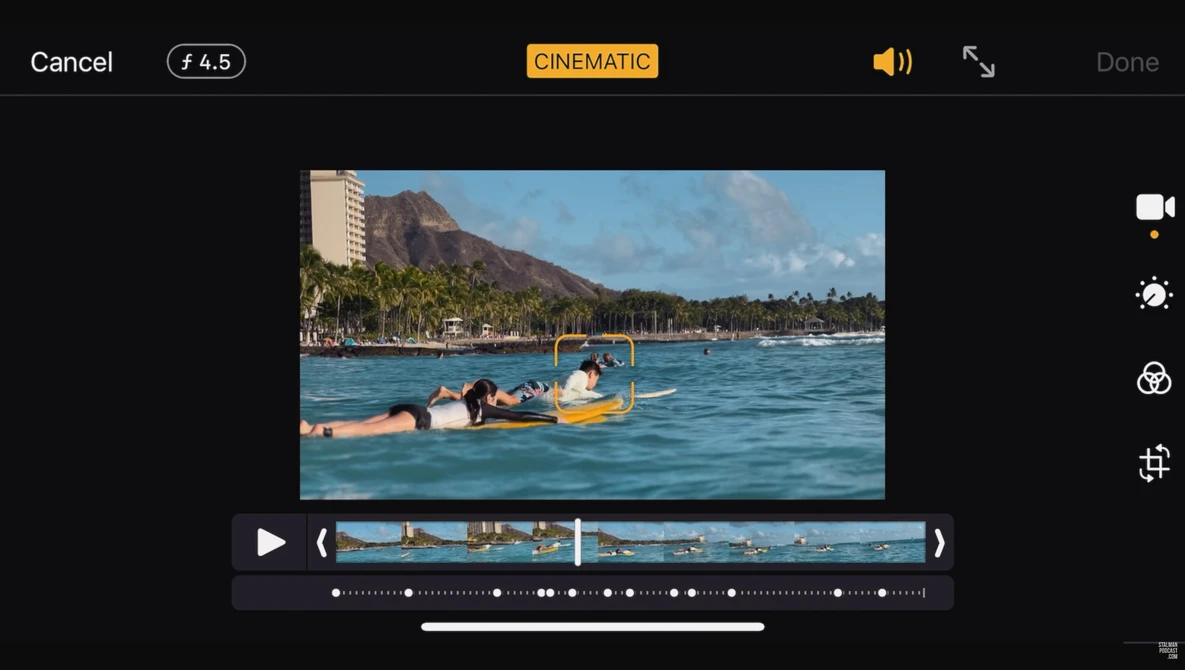 Screenshot of video editing interface showing cinematic color grading applied to tropical beach scene.