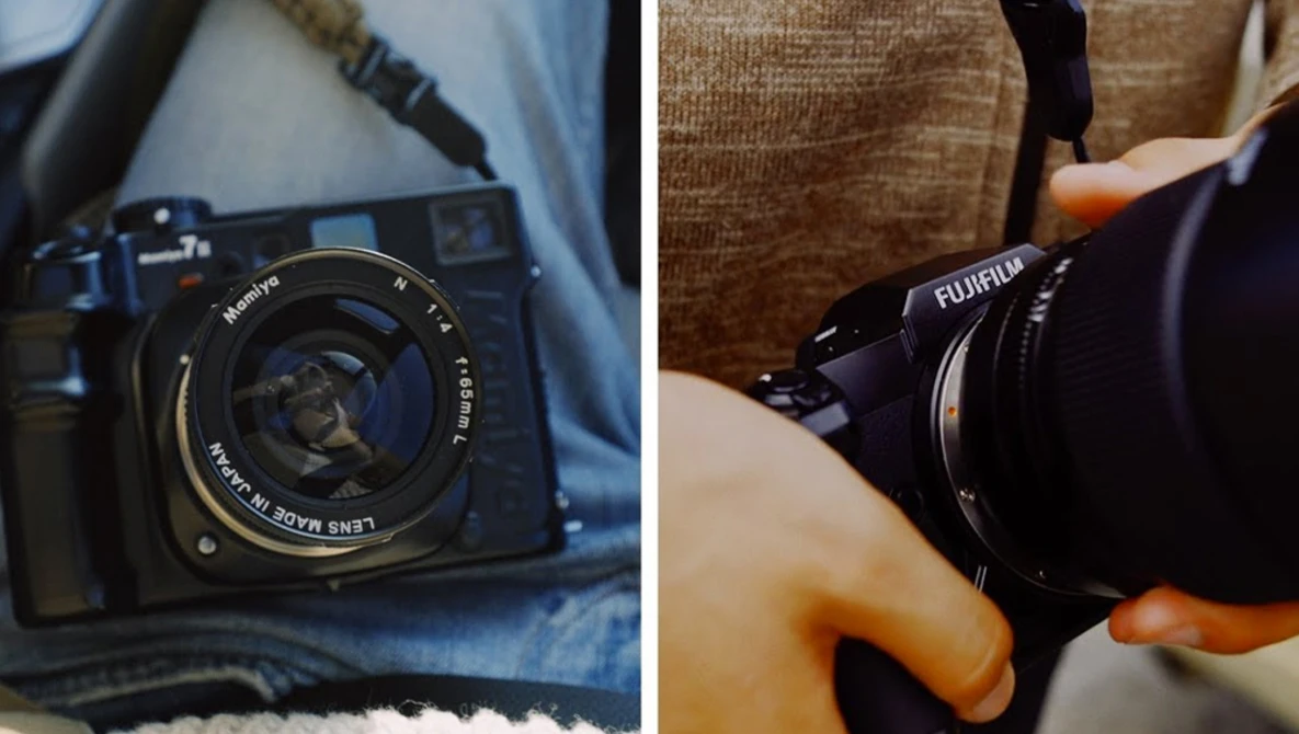 Two side-by-side photos of cameras: a rangefinder camera on denim fabric and a Fujifilm mirrorless camera held in hands.