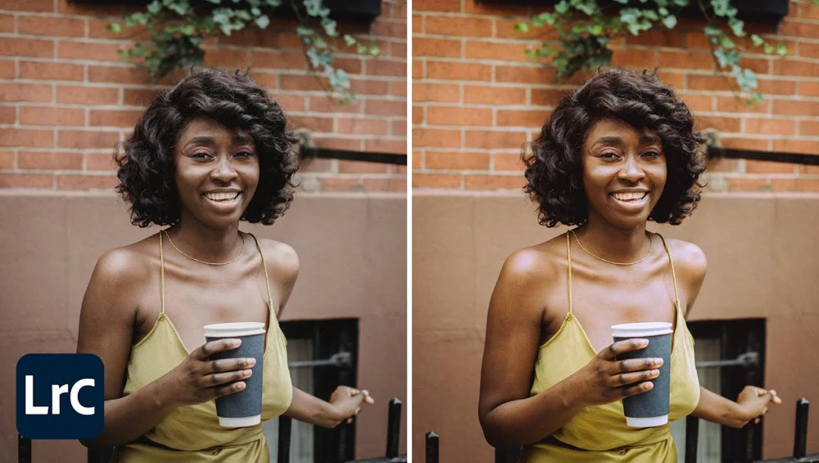 Woman in yellow halter top holding coffee cup, smiling at camera against brick wall backdrop.