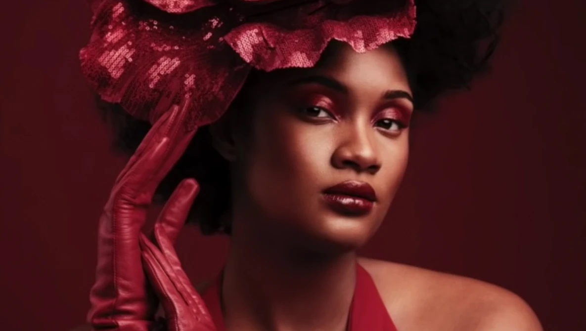 Woman with voluminous textured hair accessory against deep burgundy background.