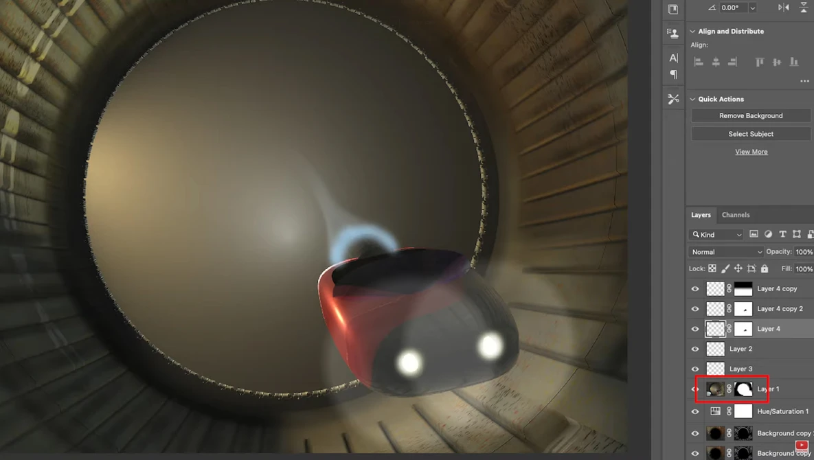 Screenshot of 3D rendering software showing a spacecraft with glowing engines inside a cylindrical tunnel.