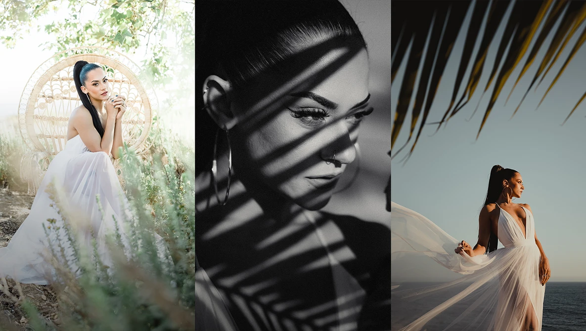 Three portrait studies of women in white clothing with dramatic lighting and shadow play.