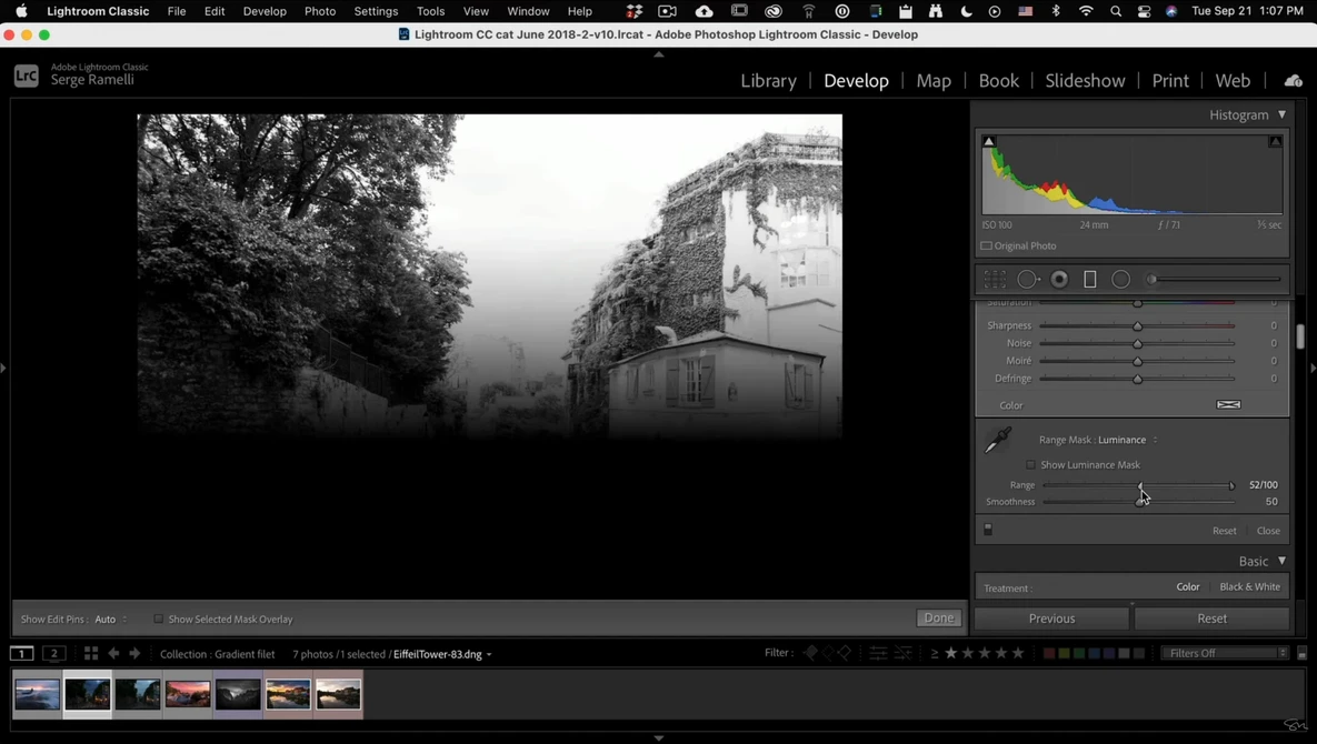 Screenshot of Lightroom Classic showing a black and white architectural photograph with histogram and editing panels visible.