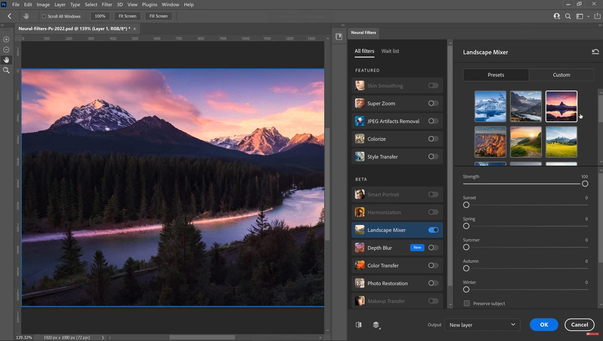 Screenshot of photo editing software showing a mountain landscape with river and pink sunset sky.