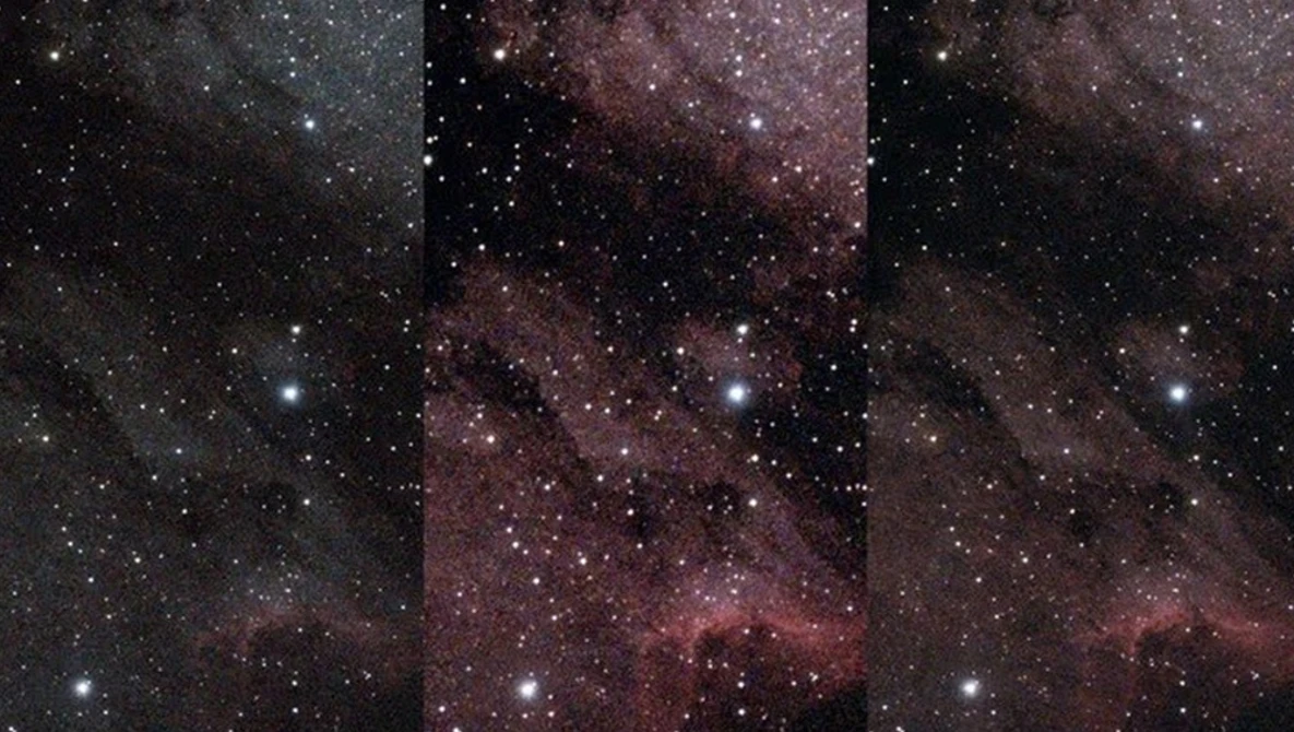 Three side-by-side astronomical images showing the same star field with different processing techniques applied.