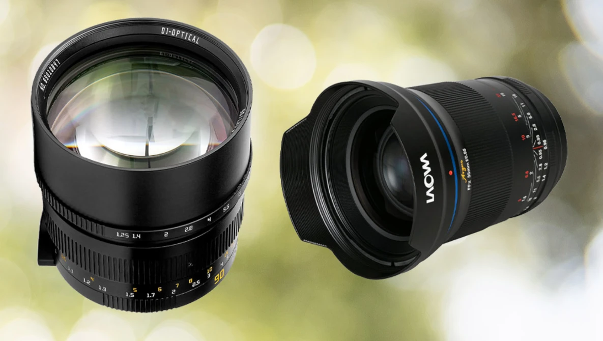 Two prime camera lenses displayed against a blurred green and white bokeh background.