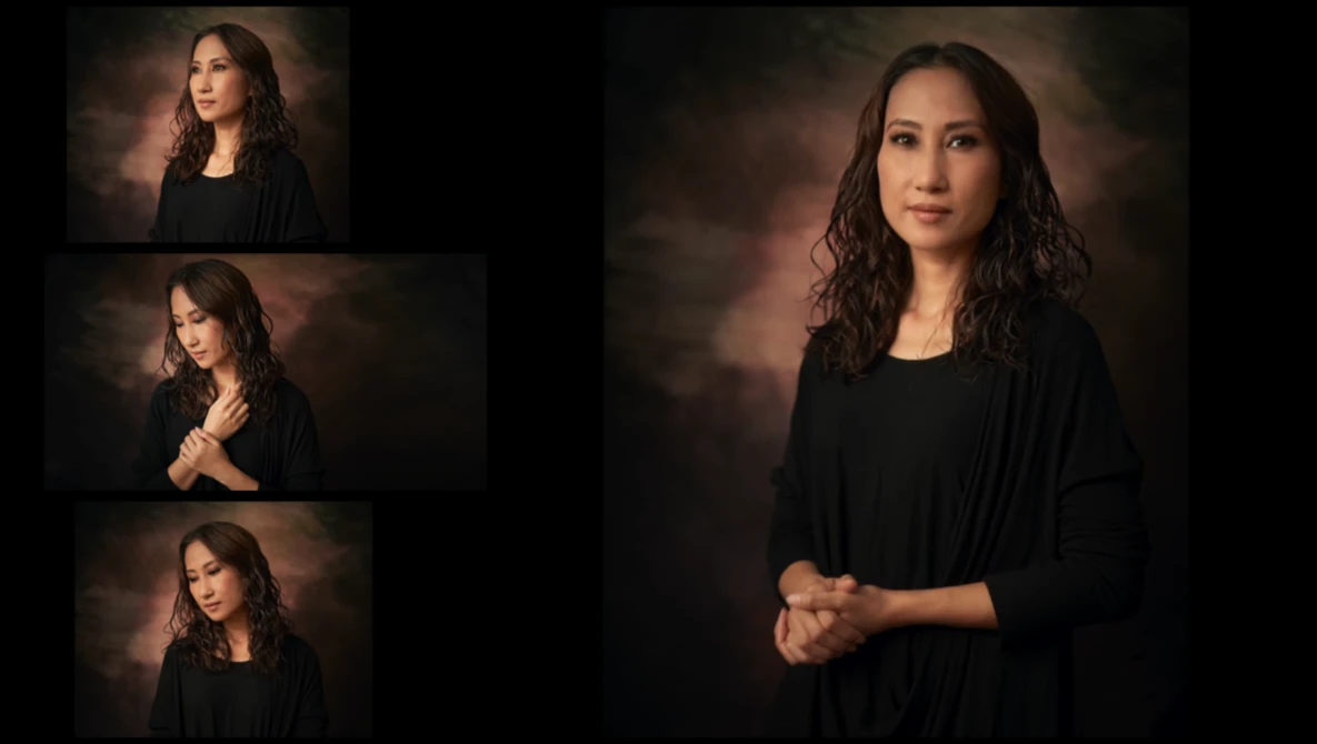Professional portrait series showing a woman in black clothing against a textured dark background in multiple poses.