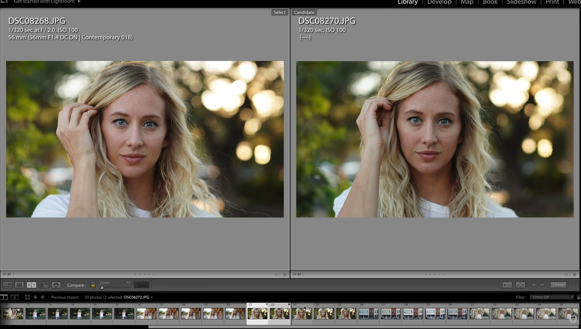Screenshot showing side-by-side comparison of portrait editing in Lightroom, displaying the same blonde woman with different post-processing adjustments.