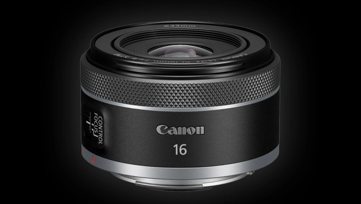 Canon RF 16mm f/2.8 macro lens with textured grip ring and silver metal mount.