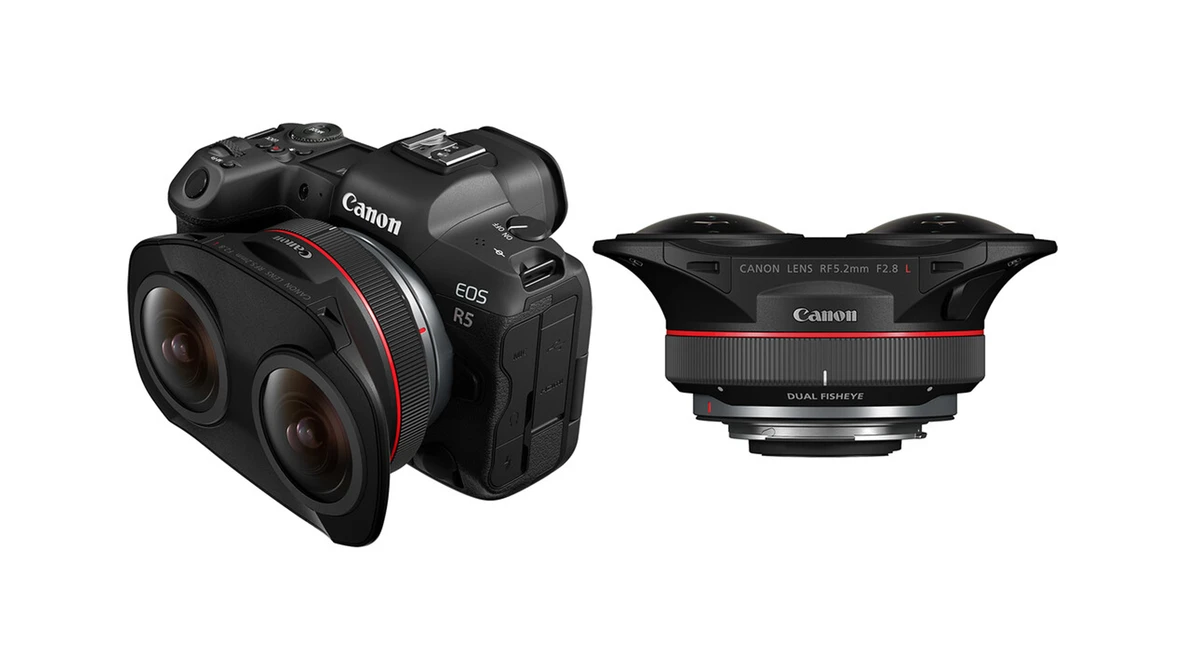 Canon EOS R5 mirrorless camera with dual fisheye lens adapter attachment.