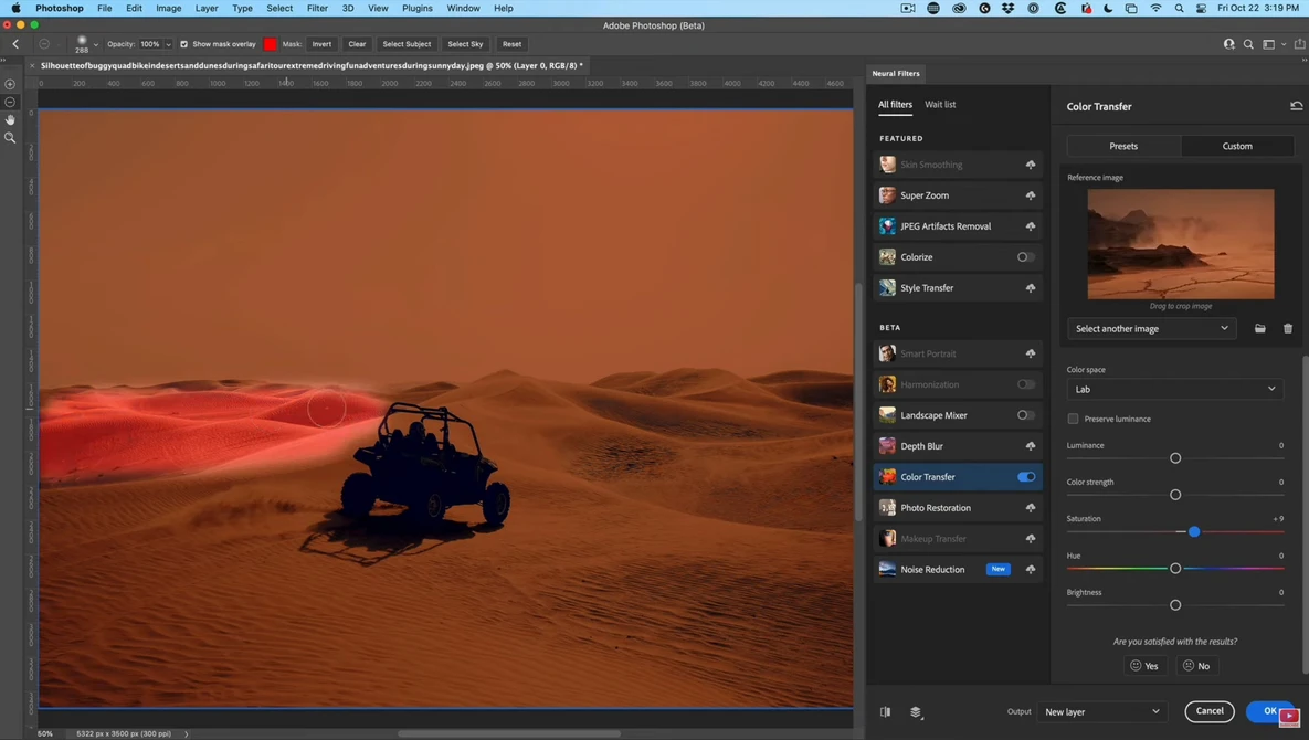 Screenshot of Photoshop displaying a desert landscape with a red dune buggy and warm color grading applied.