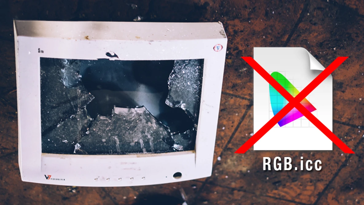 Vintage CRT monitor displaying satellite imagery with an RGB.icc color profile icon marked with a red X.