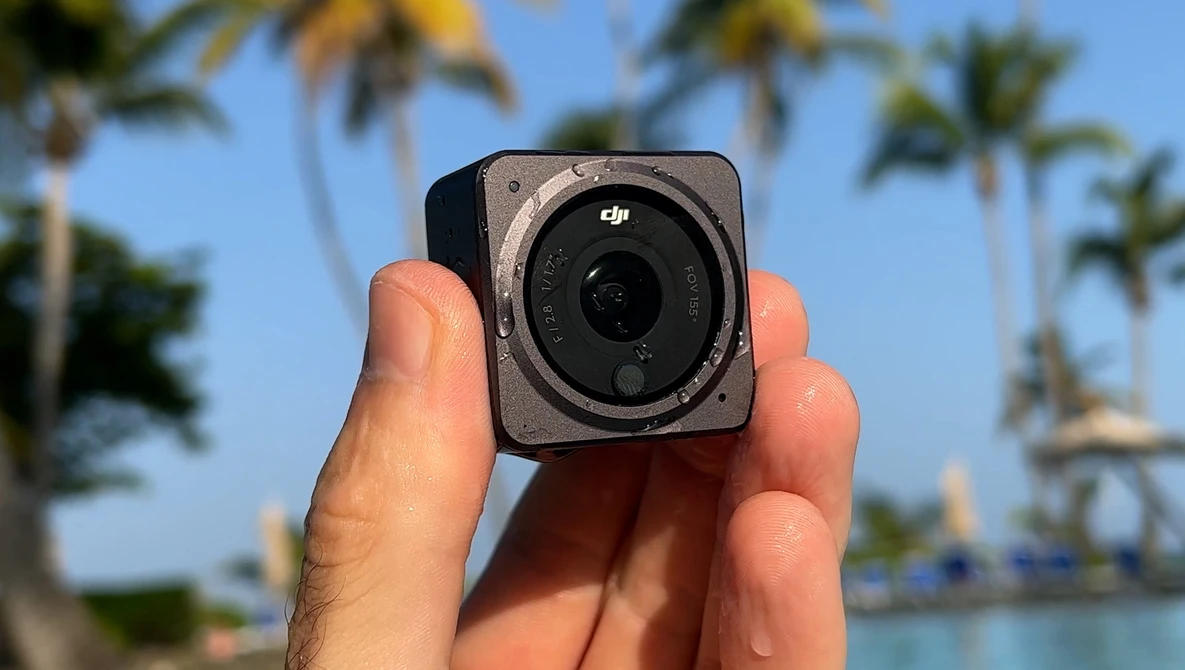 DJI action camera held in hand against tropical waterfront with palm trees and blue sky.