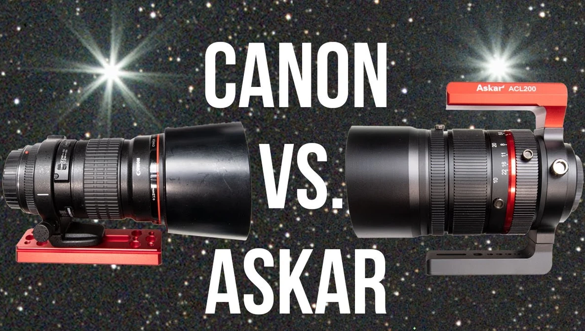 Comparison graphic of Canon and Askar telephoto lenses mounted on red optical benches against a starry background.