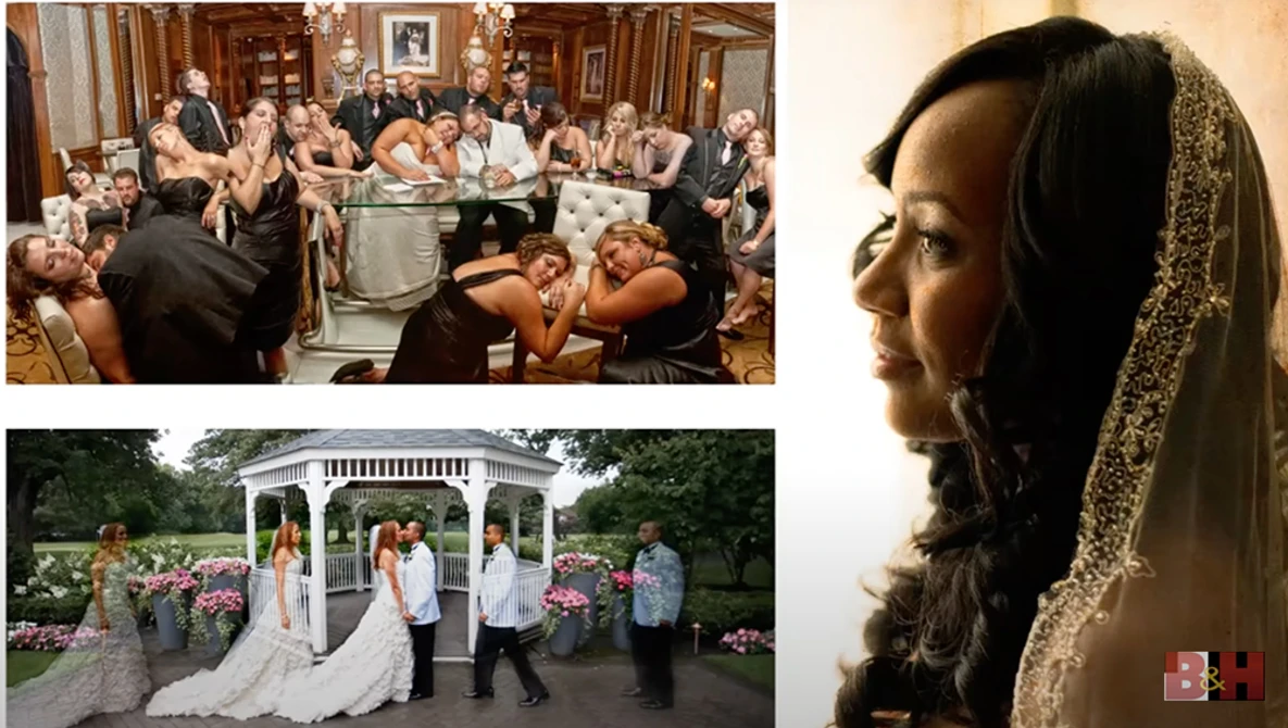 Wedding photography collage showing ceremony, reception, and bridal portrait details.
