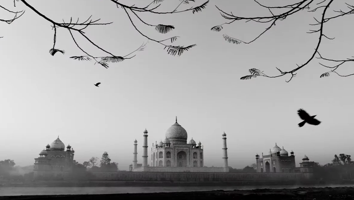 Silhouetted domes and minarets of a grand monument across a misty river, framed by bare tree branches overhead.