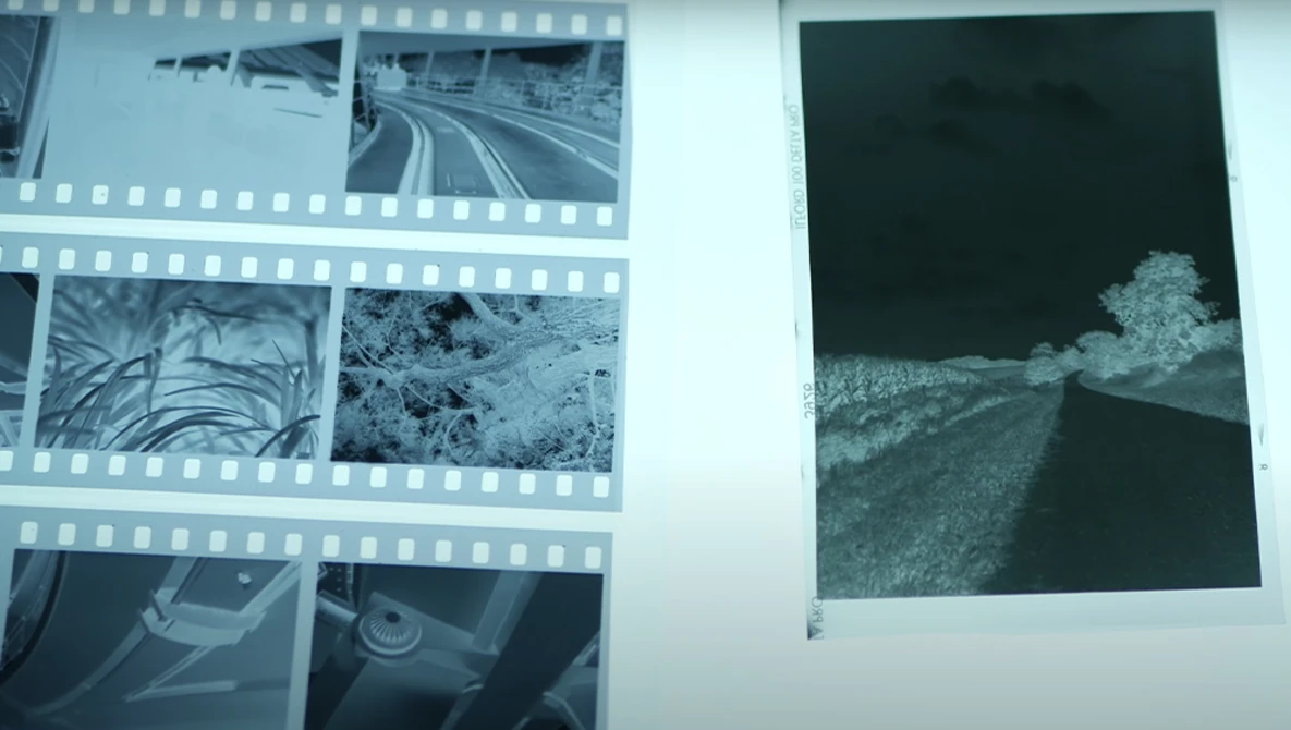 Contact sheets and prints displayed on a white surface, showing landscape photography and various film frames.