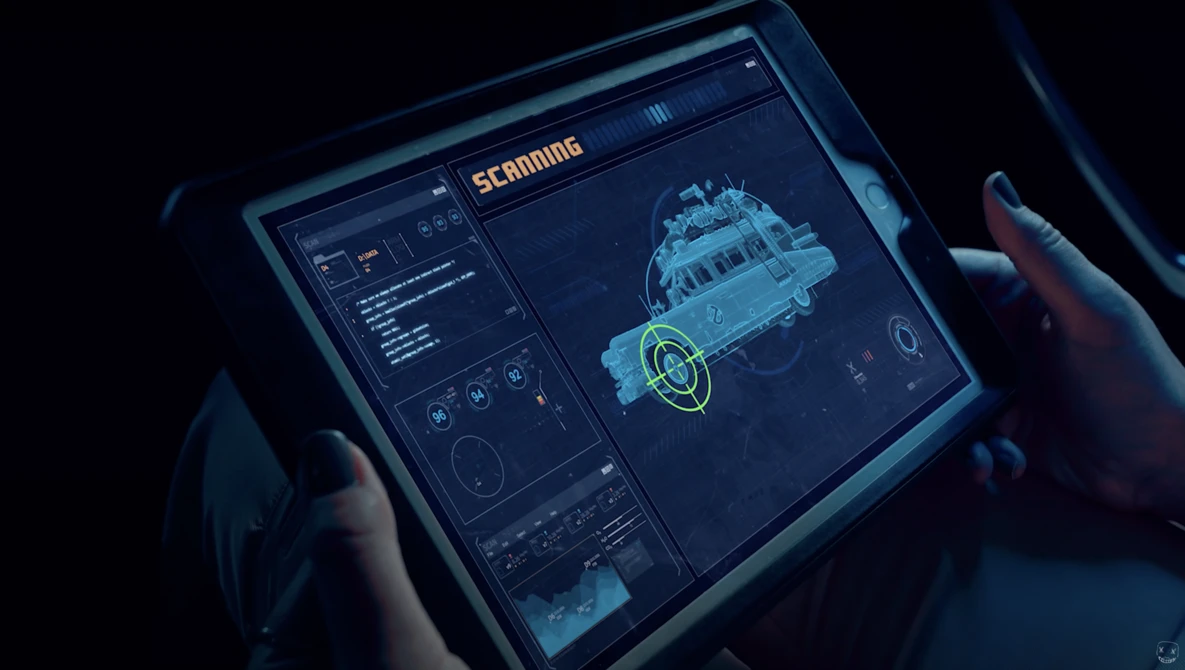Screenshot of a futuristic scanning interface displaying a 3D ship model with holographic overlay and data panels.