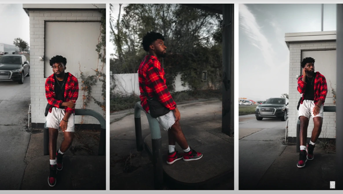 Young man in red plaid shirt and white shorts poses in three sequential shots near white building wall.
