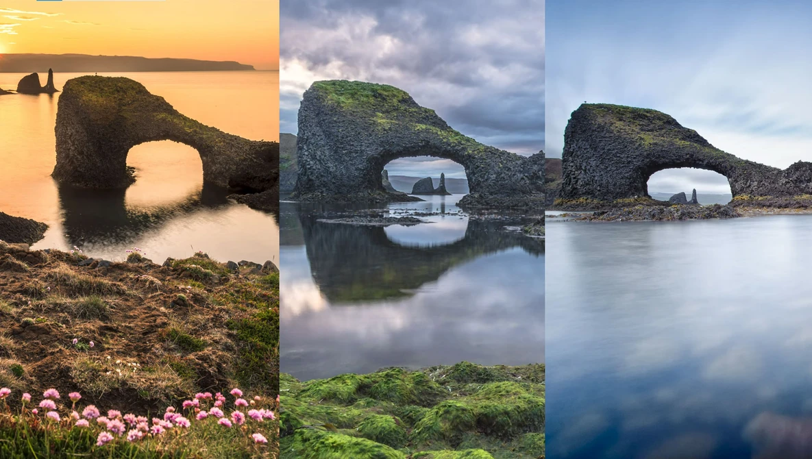 Natural rock arch formations photographed at different times of day, showing varied lighting and weather conditions.