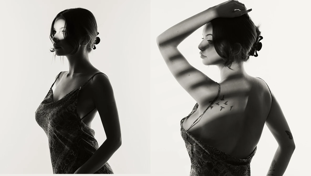 Black and white portrait diptych showing a woman in a textured wrap dress from front and back angles.