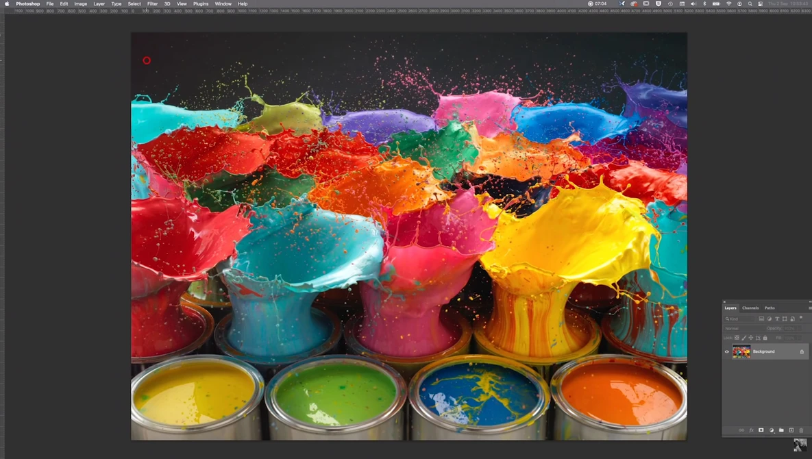 Vibrant paint cans and splashing colored liquid against dark background with four paint-filled containers in foreground.