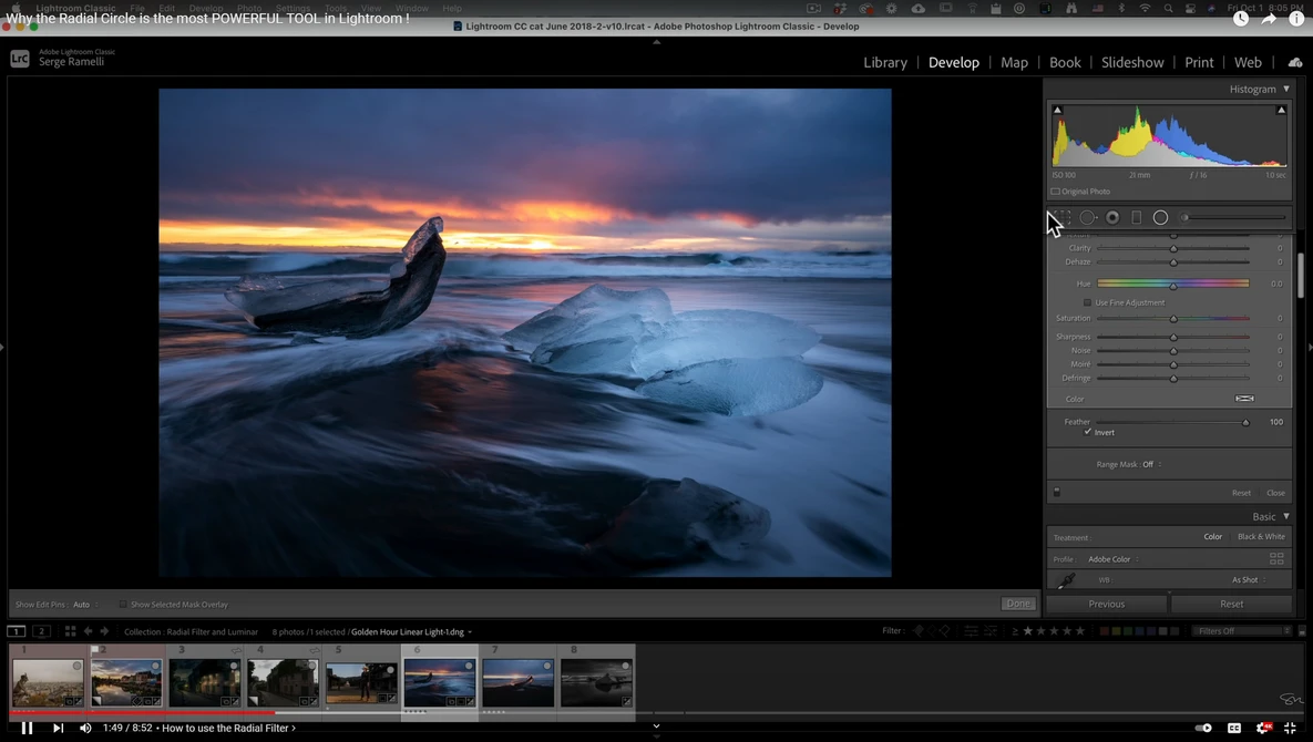Screenshot of Lightroom with an Icelandic glacier lagoon photograph displayed during editing.