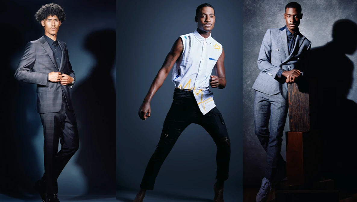 Three men in professional studio portraits with dramatic backlighting and dark backgrounds.