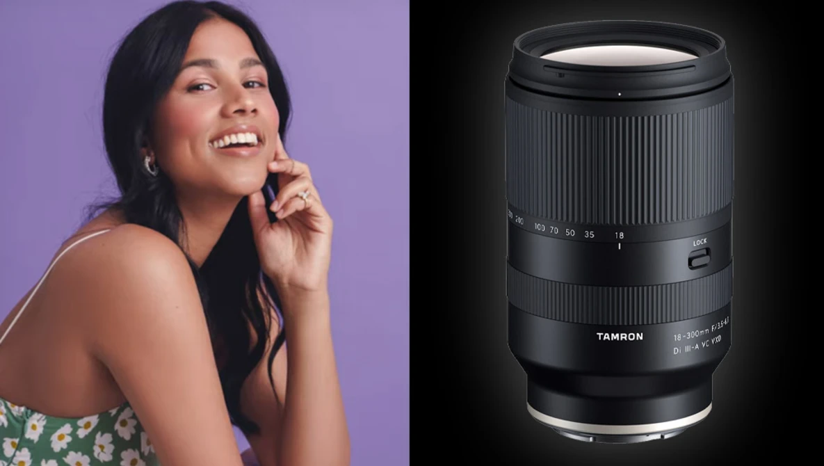 Portrait of a woman smiling against a purple background, paired with a Tamron telephoto zoom lens on black background.