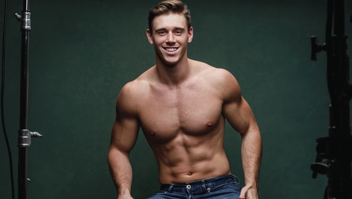 Shirtless man with defined abdominal muscles smiling at camera against green background.