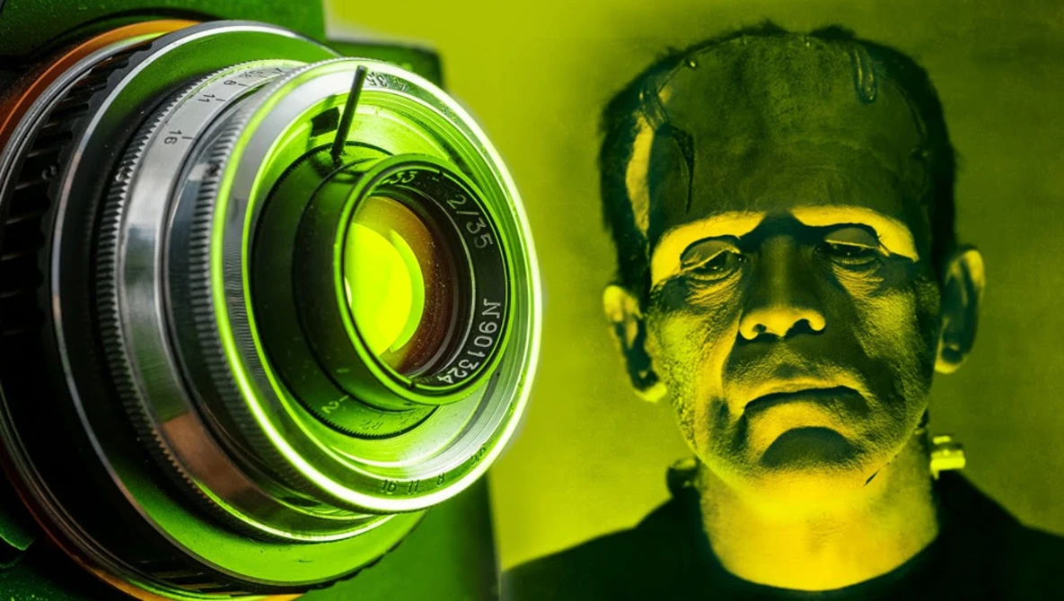 Vintage camera lens with green and yellow neon lighting alongside a stylized portrait with matching color cast.