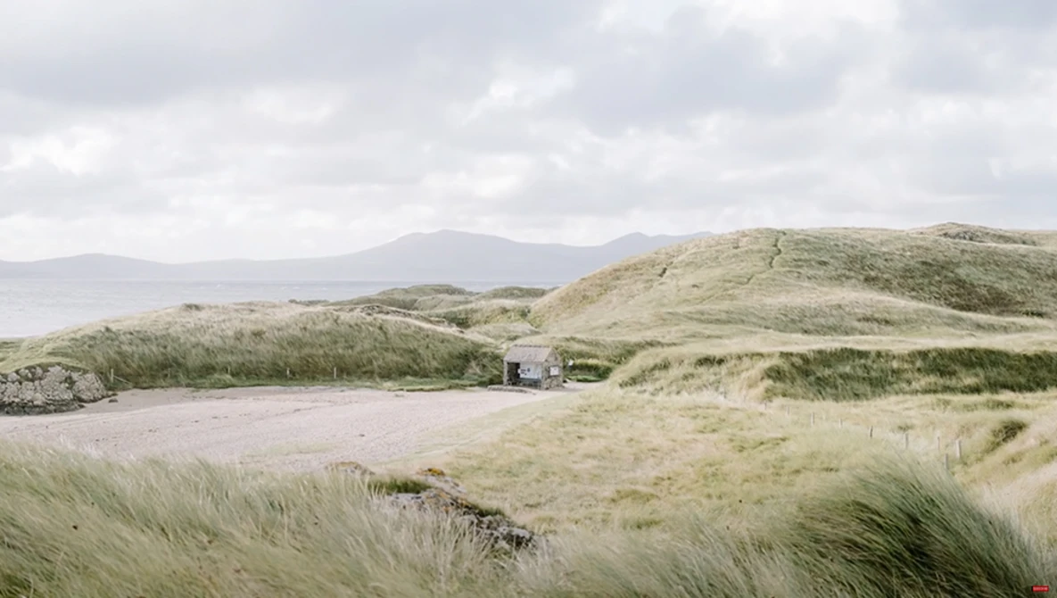 Coastal dune landscape with sparse vegetation, a small structure, and mountains across the water under overcast sky.
