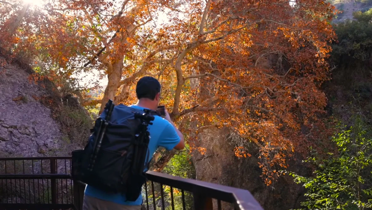 Hiker in blue shirt wearing black backpack standing on wooden railing overlooking autumn foliage.