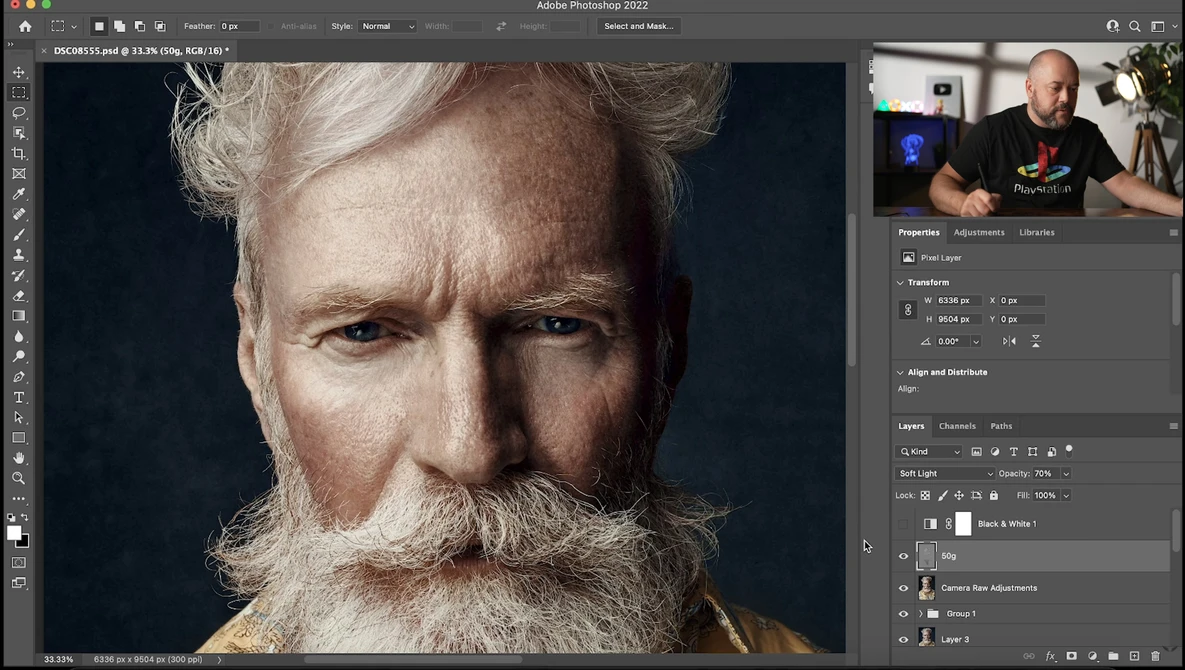 Screenshot of Adobe Photoshop showing portrait editing workflow with bearded man's headshot in canvas and adjustment panels visible.